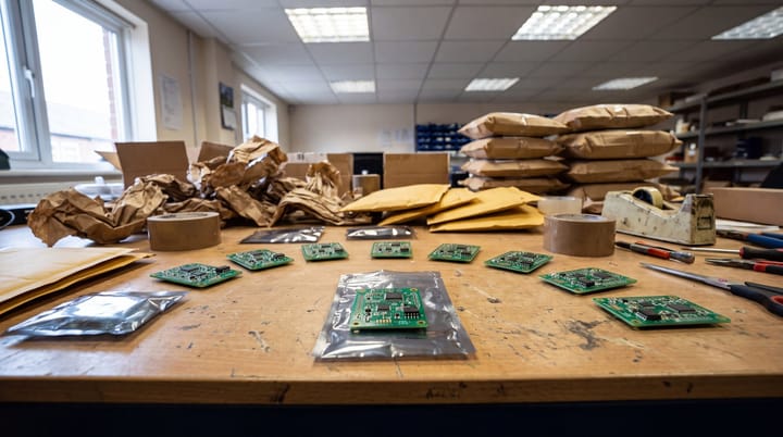 Small electronics workshop bench with sensor boards, antistatic sleeves, packaging supplies, and parcels sorted into destination batches.