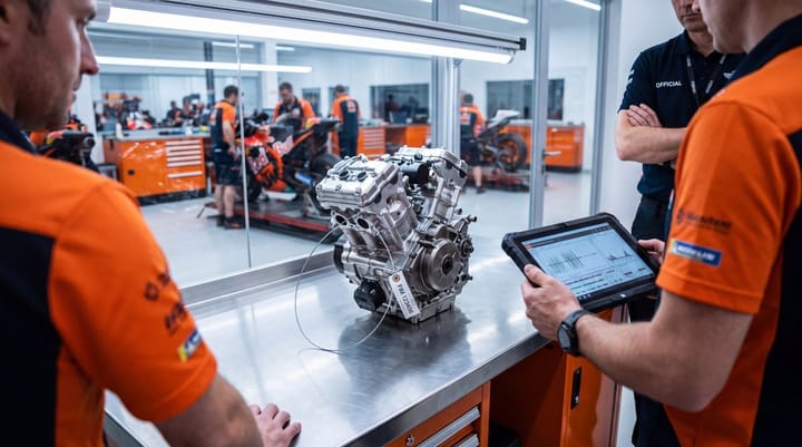 KTM technicians inspect an opened RC16 MotoGP engine amid valve components in the Munderfing workshop.