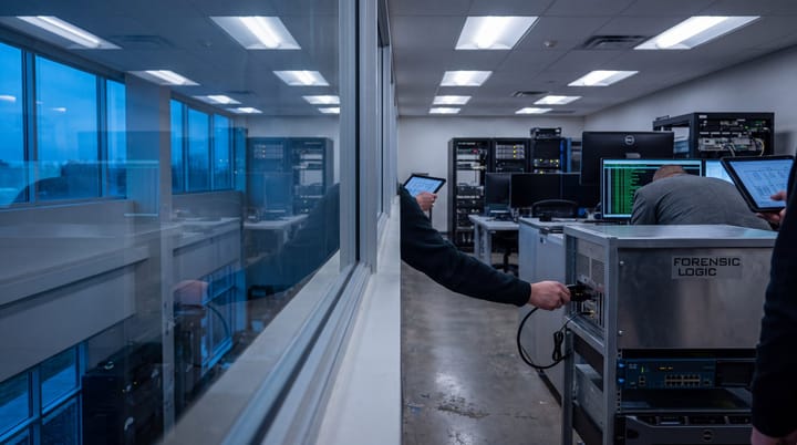 Incident-reconstruction suite viewed through observation glass, investigators examine AI agent authorization logs, benchmark stations, and network taps.