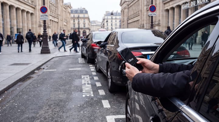 Ride-hail driver checks a phone beside dark cars at a busy French railway station pickup lane, with Uber branding visible.
