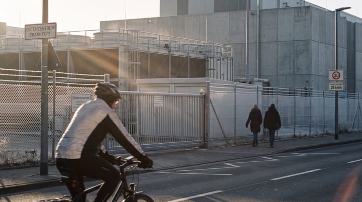 Frankfurt data-centre district with layered security fences, cooling structures, closed gates, cyclist, and distant commuters in winter sunlight.