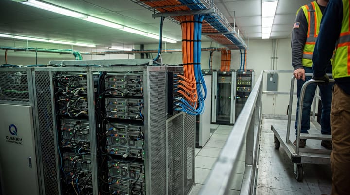 Self-hosted AI infrastructure in an enterprise compute hall, with mesh-enclosed worker nodes, fiber trunks, and technicians replacing hardware.