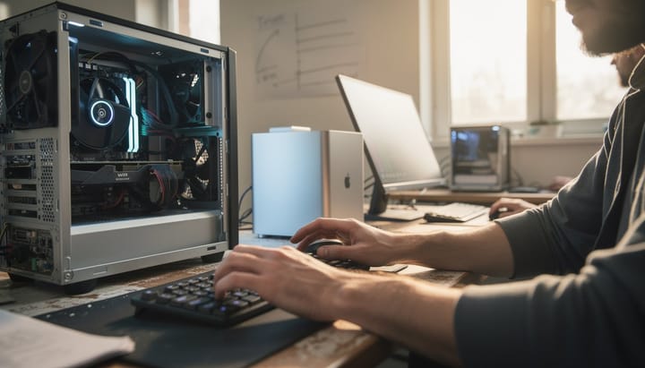 Bright local LLM testing studio with three inference stations: GPU tower, Apple Silicon machine, and background workstation.