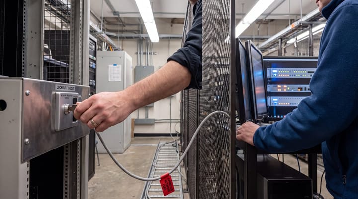 Cybersecurity range operator turns a lockable network-isolation switch key beside glowing test machine status lamps.