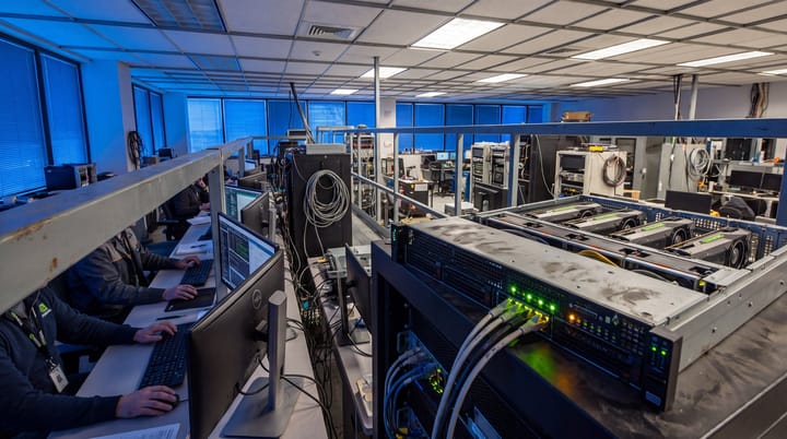 Blue-hour shared-GPU inference room with open four-card server, engineers at terminals, patch leads, and cobalt window light.